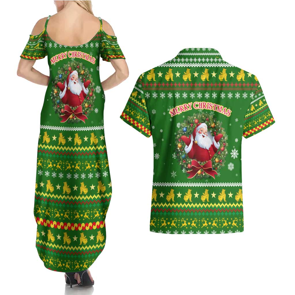 Myanmar Christmas Couples Matching Summer Maxi Dress and Hawaiian Shirt with Green-Gold Theme, Chinthe Lion, and Santa Motif - Wonder Print Shop