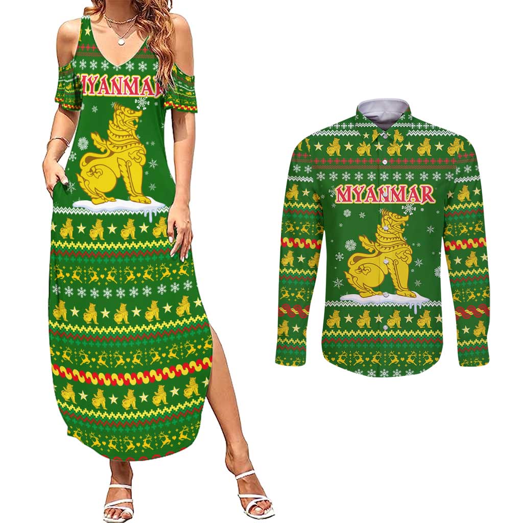 Myanmar Christmas Couples Matching Summer Maxi Dress and Long Sleeve Button Shirt with Green-Gold Theme, Chinthe Lion, and Santa Motif - Wonder Print Shop