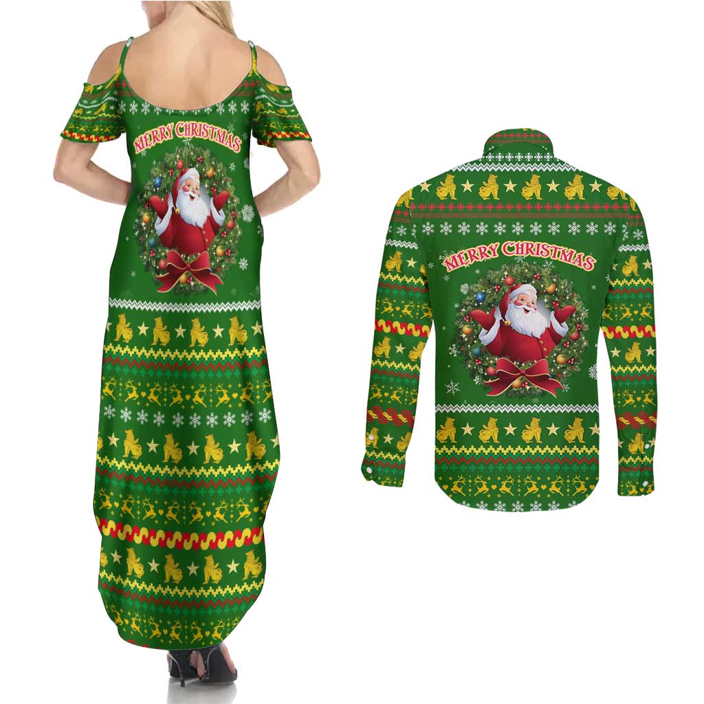 Myanmar Christmas Couples Matching Summer Maxi Dress and Long Sleeve Button Shirt with Green-Gold Theme, Chinthe Lion, and Santa Motif - Wonder Print Shop