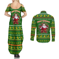 Myanmar Christmas Couples Matching Summer Maxi Dress and Long Sleeve Button Shirt with Green-Gold Theme, Chinthe Lion, and Santa Motif - Wonder Print Shop