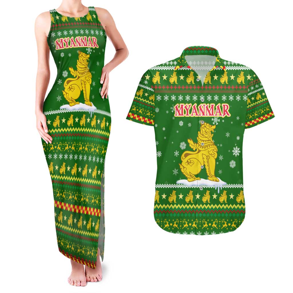 Myanmar Christmas Couples Matching Tank Maxi Dress and Hawaiian Shirt with Green-Gold Theme, Chinthe Lion, and Santa Motif - Wonder Print Shop