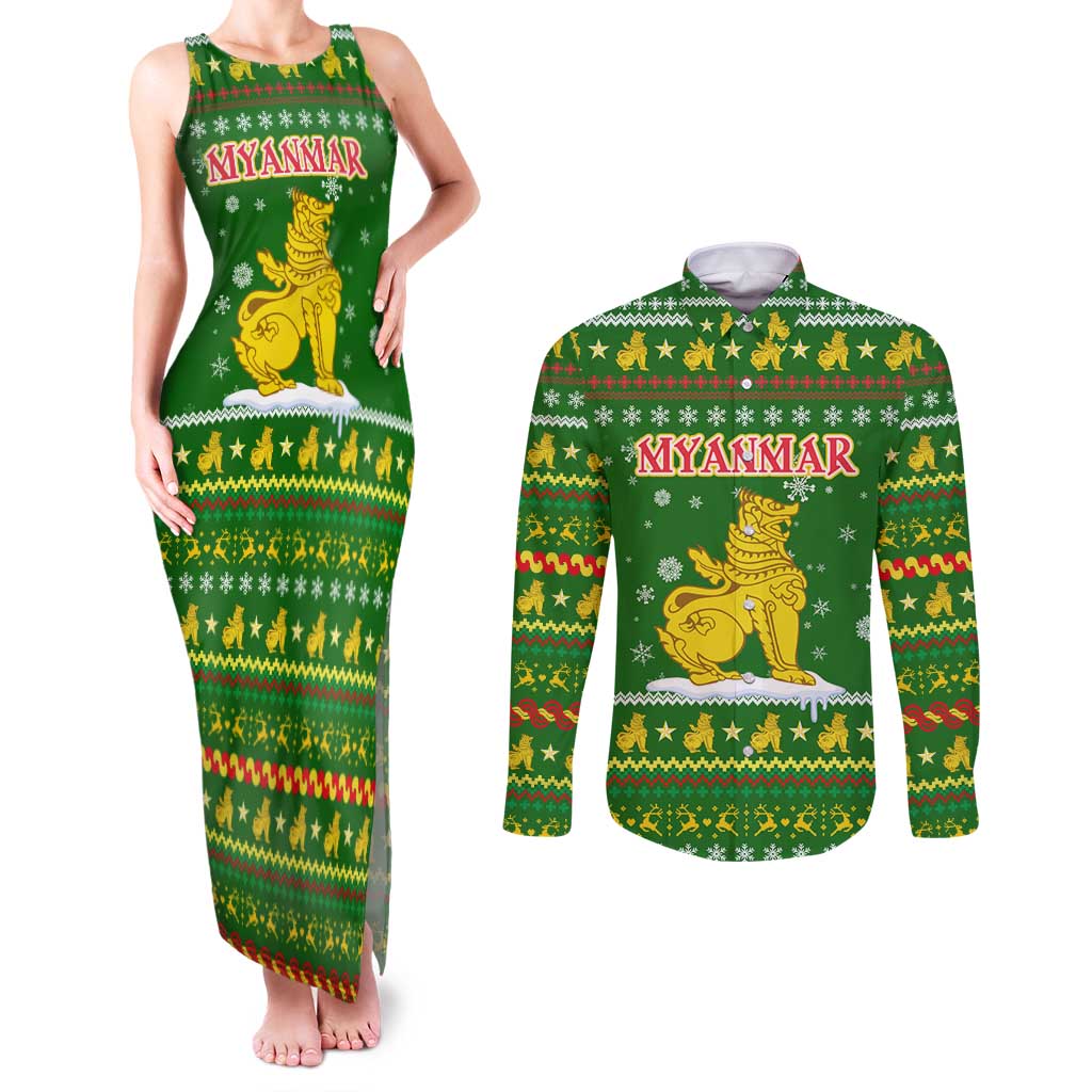 Myanmar Christmas Couples Matching Tank Maxi Dress and Long Sleeve Button Shirt with Green-Gold Theme, Chinthe Lion, and Santa Motif - Wonder Print Shop