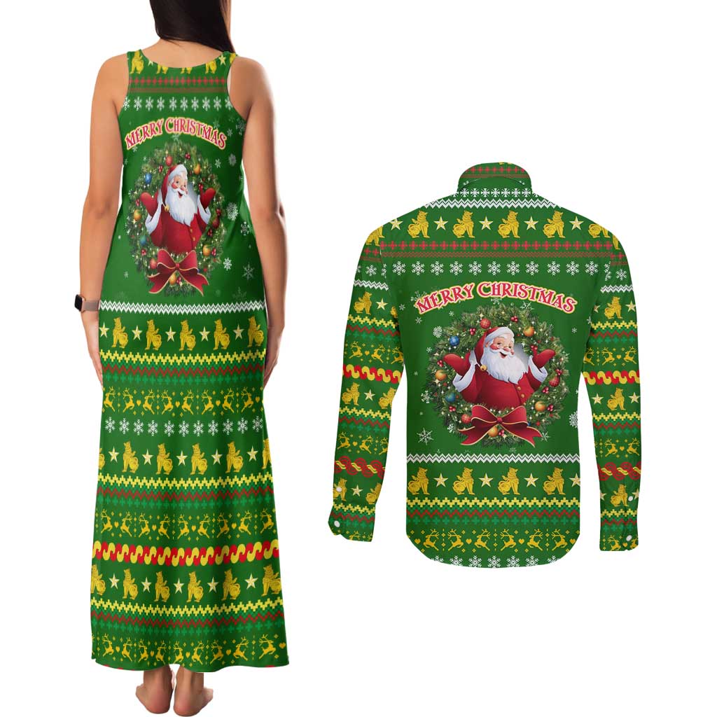 Myanmar Christmas Couples Matching Tank Maxi Dress and Long Sleeve Button Shirt with Green-Gold Theme, Chinthe Lion, and Santa Motif - Wonder Print Shop