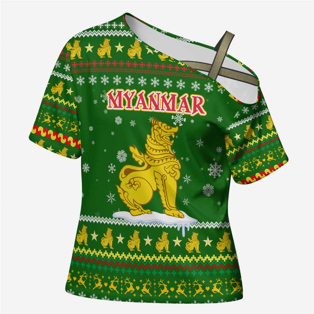 Myanmar Christmas Cross Shoulder Shirt with Green-Gold Theme, Chinthe Lion, and Santa Motif - Wonder Print Shop