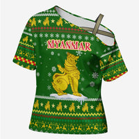 Myanmar Christmas Cross Shoulder Shirt with Green-Gold Theme, Chinthe Lion, and Santa Motif - Wonder Print Shop