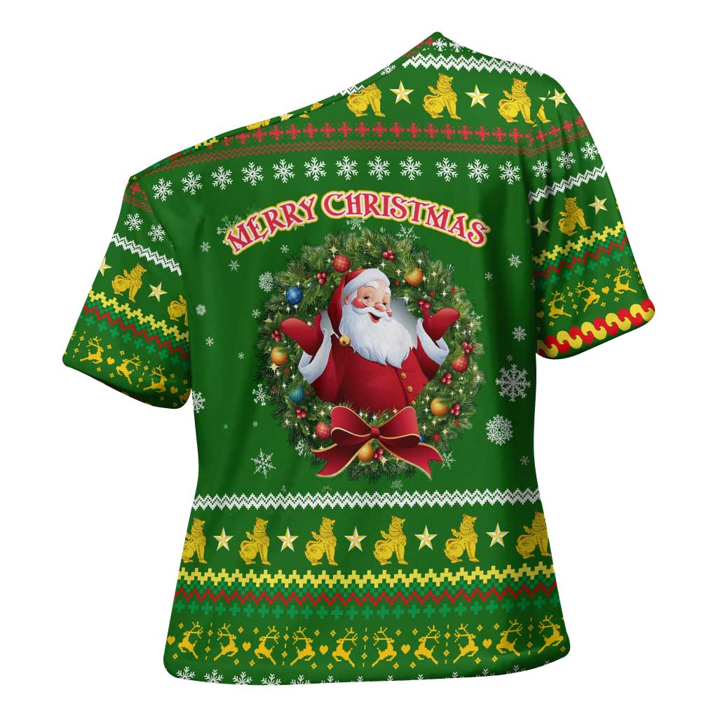 Myanmar Christmas Cross Shoulder Shirt with Green-Gold Theme, Chinthe Lion, and Santa Motif - Wonder Print Shop