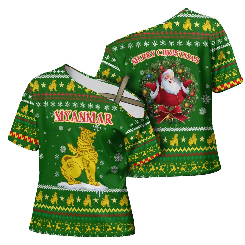 Myanmar Christmas Cross Shoulder Shirt with Green-Gold Theme, Chinthe Lion, and Santa Motif - Wonder Print Shop