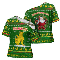 Myanmar Christmas Cross Shoulder Shirt with Green-Gold Theme, Chinthe Lion, and Santa Motif - Wonder Print Shop
