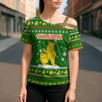 Myanmar Christmas Cross Shoulder Shirt with Green-Gold Theme, Chinthe Lion, and Santa Motif - Wonder Print Shop