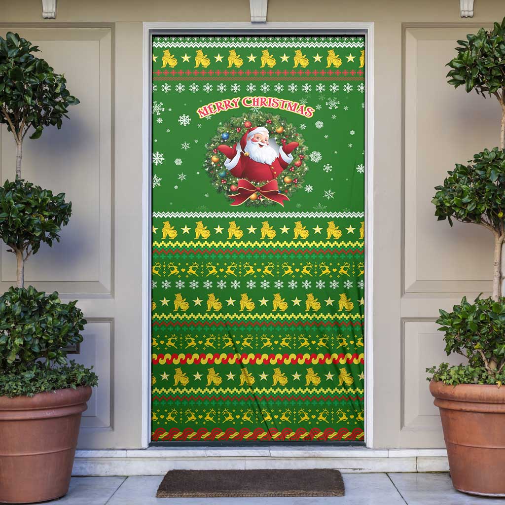 Myanmar Christmas Door Cover with Green-Gold Theme, Chinthe Lion, and Santa Motif - Wonder Print Shop