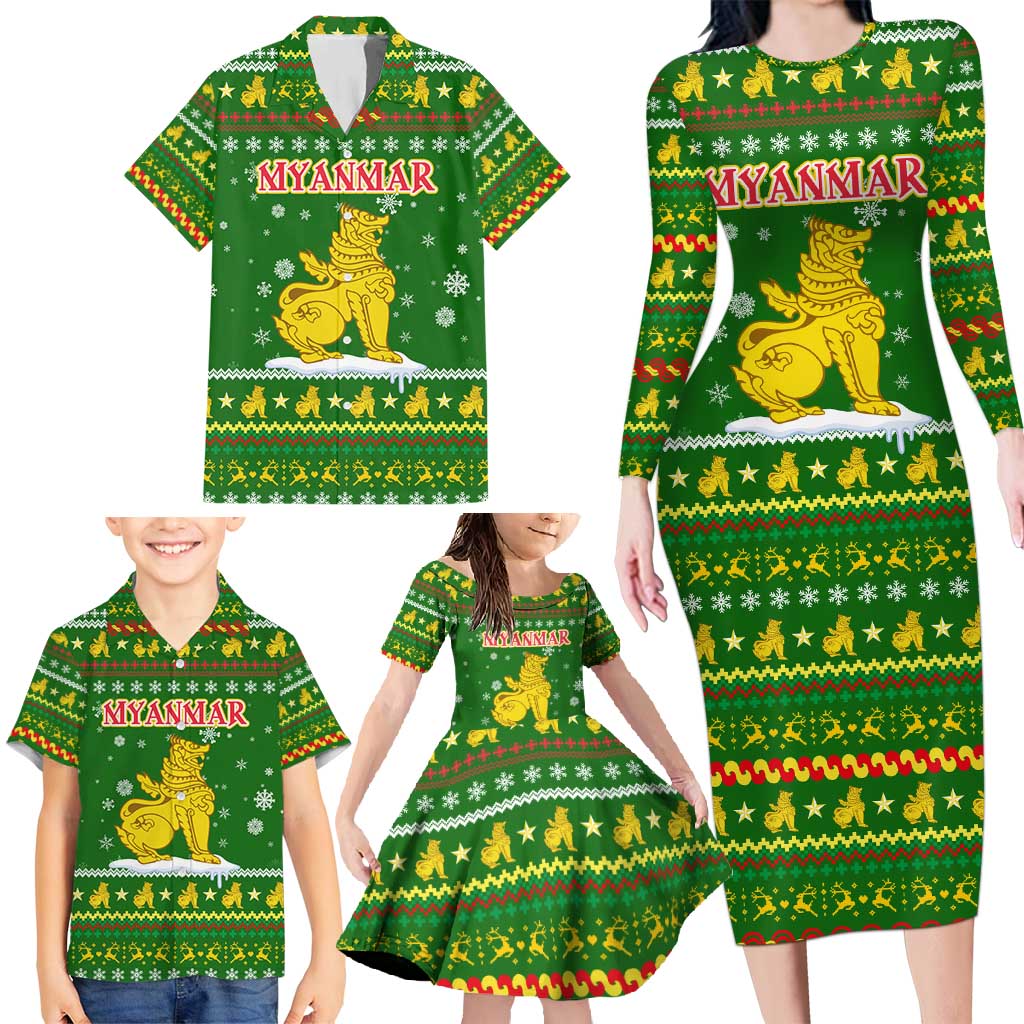 Myanmar Christmas Family Matching Long Sleeve Bodycon Dress and Hawaiian Shirt with Green-Gold Theme, Chinthe Lion, and Santa Motif - Wonder Print Shop