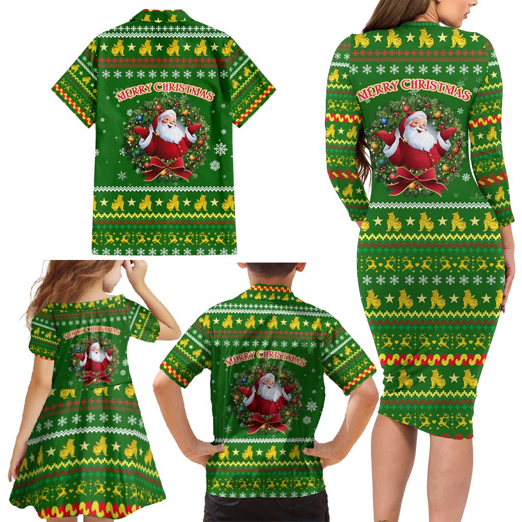 Myanmar Christmas Family Matching Long Sleeve Bodycon Dress and Hawaiian Shirt with Green-Gold Theme, Chinthe Lion, and Santa Motif - Wonder Print Shop
