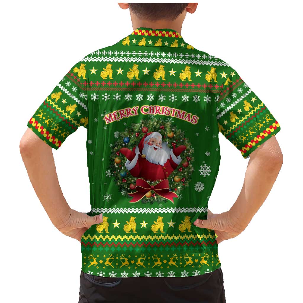 Myanmar Christmas Family Matching Mermaid Dress and Hawaiian Shirt with Green-Gold Theme, Chinthe Lion, and Santa Motif - Wonder Print Shop