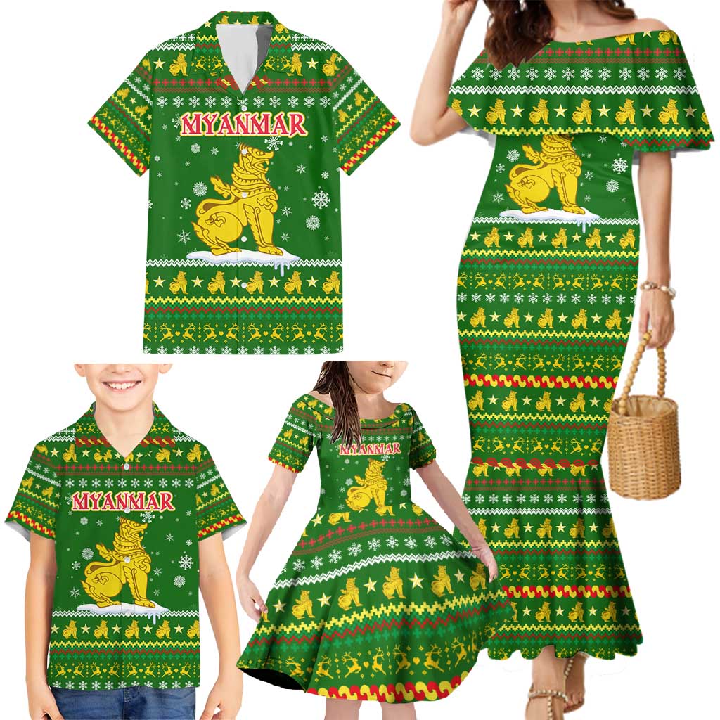 Myanmar Christmas Family Matching Mermaid Dress and Hawaiian Shirt with Green-Gold Theme, Chinthe Lion, and Santa Motif - Wonder Print Shop