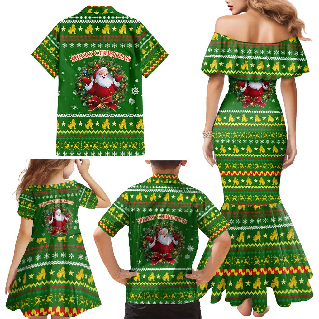 Myanmar Christmas Family Matching Mermaid Dress and Hawaiian Shirt with Green-Gold Theme, Chinthe Lion, and Santa Motif - Wonder Print Shop