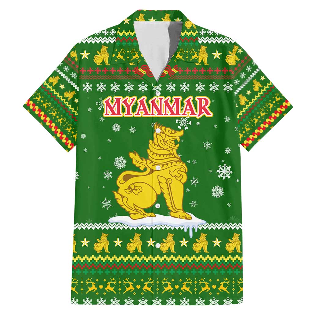 Myanmar Christmas Family Matching Mermaid Dress and Hawaiian Shirt with Green-Gold Theme, Chinthe Lion, and Santa Motif - Wonder Print Shop