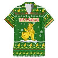 Myanmar Christmas Family Matching Mermaid Dress and Hawaiian Shirt with Green-Gold Theme, Chinthe Lion, and Santa Motif - Wonder Print Shop