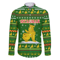 Myanmar Christmas Family Matching Mermaid Dress and Hawaiian Shirt with Green-Gold Theme, Chinthe Lion, and Santa Motif - Wonder Print Shop