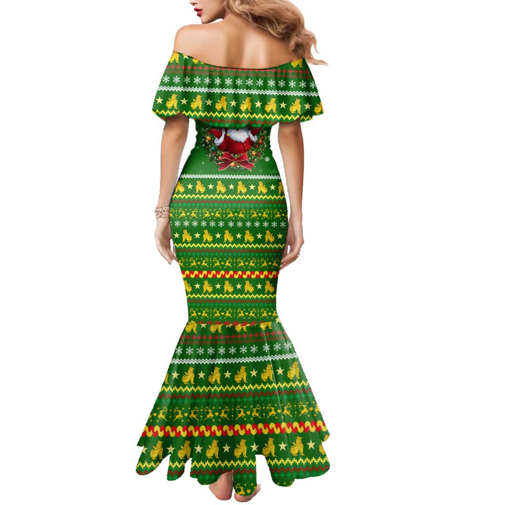 Myanmar Christmas Family Matching Mermaid Dress and Hawaiian Shirt with Green-Gold Theme, Chinthe Lion, and Santa Motif - Wonder Print Shop