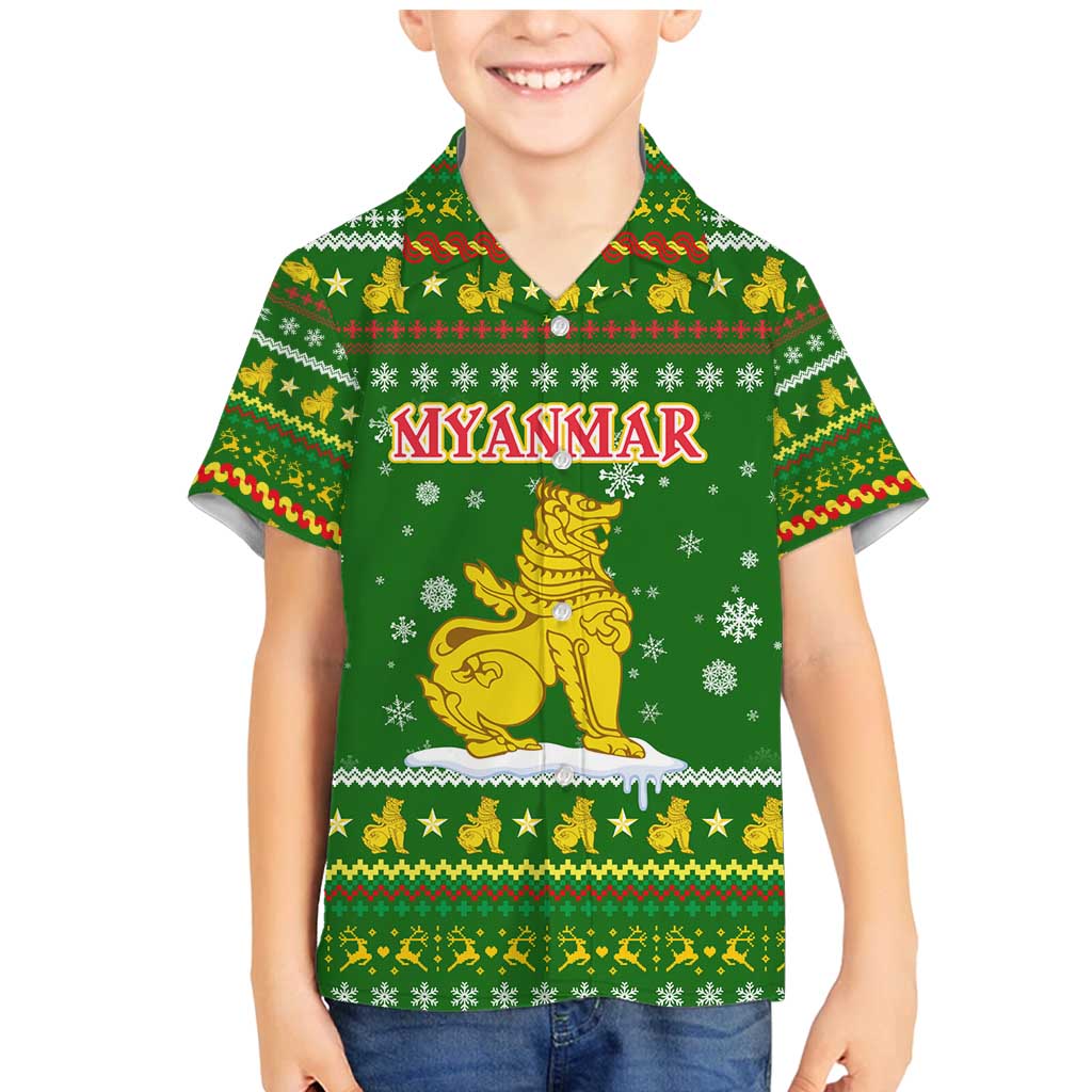 Myanmar Christmas Family Matching Mermaid Dress and Hawaiian Shirt with Green-Gold Theme, Chinthe Lion, and Santa Motif - Wonder Print Shop