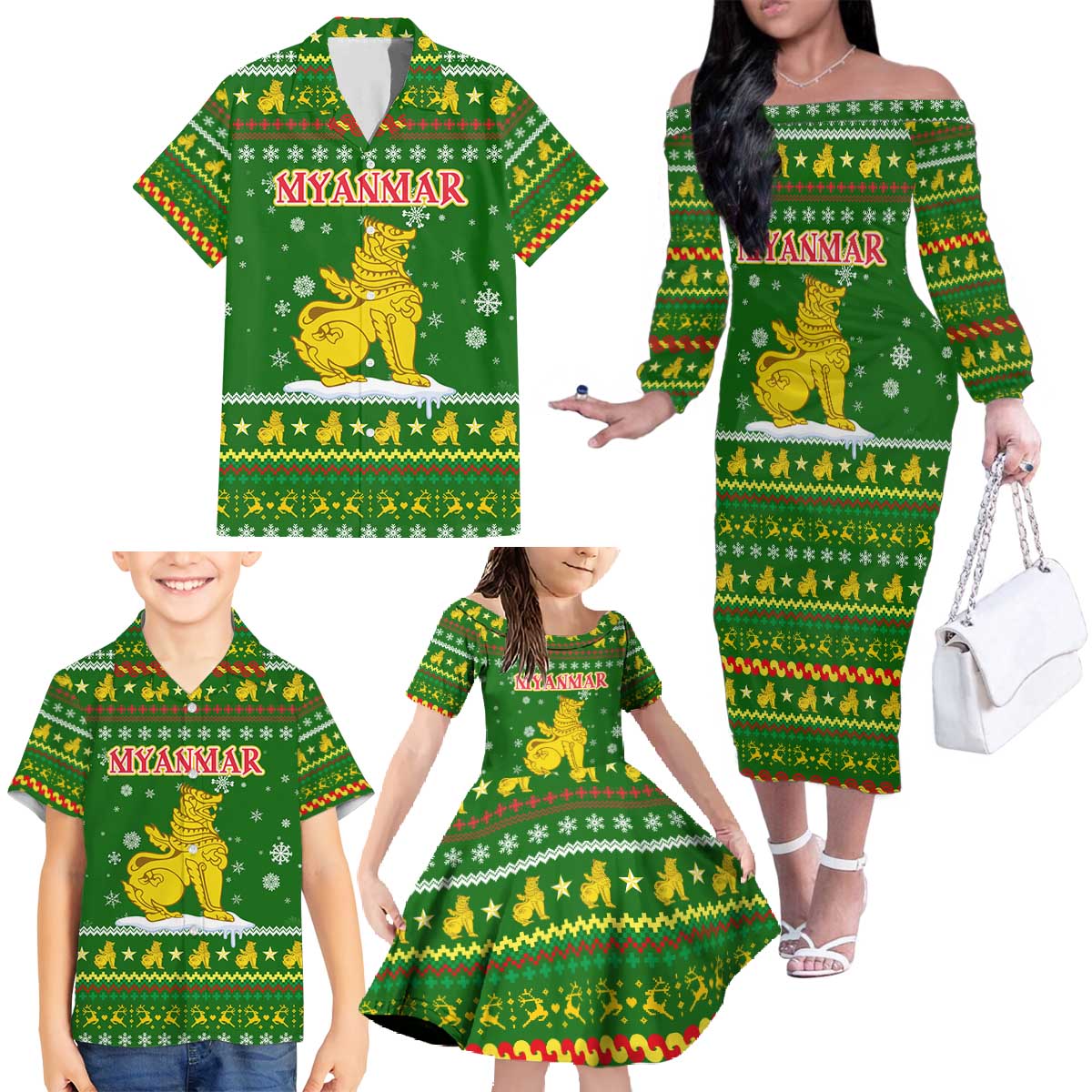 Myanmar Christmas Family Matching Off The Shoulder Long Sleeve Dress and Hawaiian Shirt with Green-Gold Theme, Chinthe Lion, and Santa Motif - Wonder Print Shop