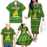 Myanmar Christmas Family Matching Off The Shoulder Long Sleeve Dress and Hawaiian Shirt with Green-Gold Theme, Chinthe Lion, and Santa Motif - Wonder Print Shop