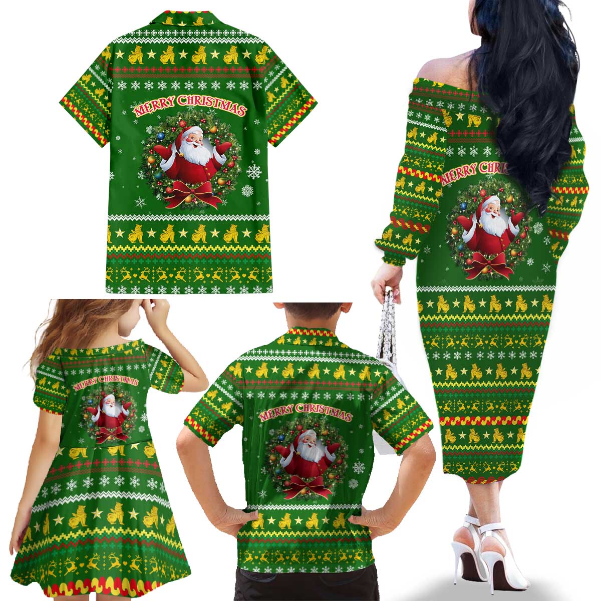 Myanmar Christmas Family Matching Off The Shoulder Long Sleeve Dress and Hawaiian Shirt with Green-Gold Theme, Chinthe Lion, and Santa Motif - Wonder Print Shop
