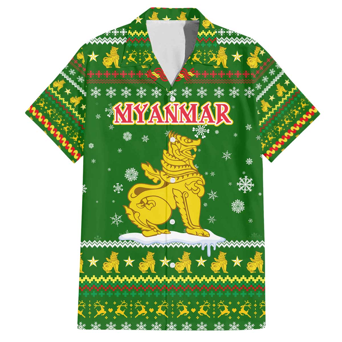 Myanmar Christmas Family Matching Off The Shoulder Long Sleeve Dress and Hawaiian Shirt with Green-Gold Theme, Chinthe Lion, and Santa Motif - Wonder Print Shop