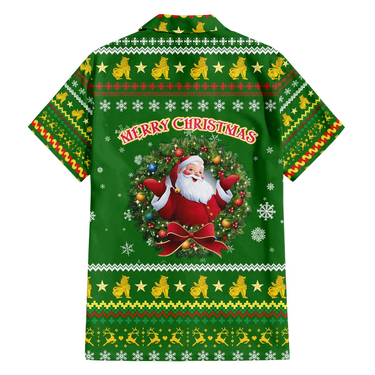 Myanmar Christmas Family Matching Off The Shoulder Long Sleeve Dress and Hawaiian Shirt with Green-Gold Theme, Chinthe Lion, and Santa Motif - Wonder Print Shop