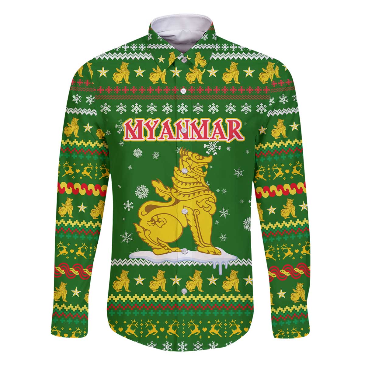 Myanmar Christmas Family Matching Off The Shoulder Long Sleeve Dress and Hawaiian Shirt with Green-Gold Theme, Chinthe Lion, and Santa Motif - Wonder Print Shop