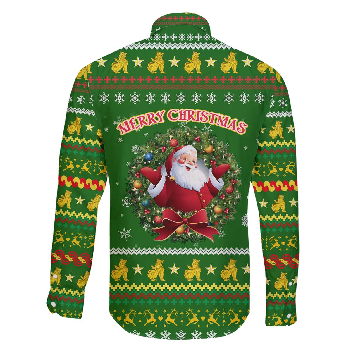 Myanmar Christmas Family Matching Off The Shoulder Long Sleeve Dress and Hawaiian Shirt with Green-Gold Theme, Chinthe Lion, and Santa Motif - Wonder Print Shop