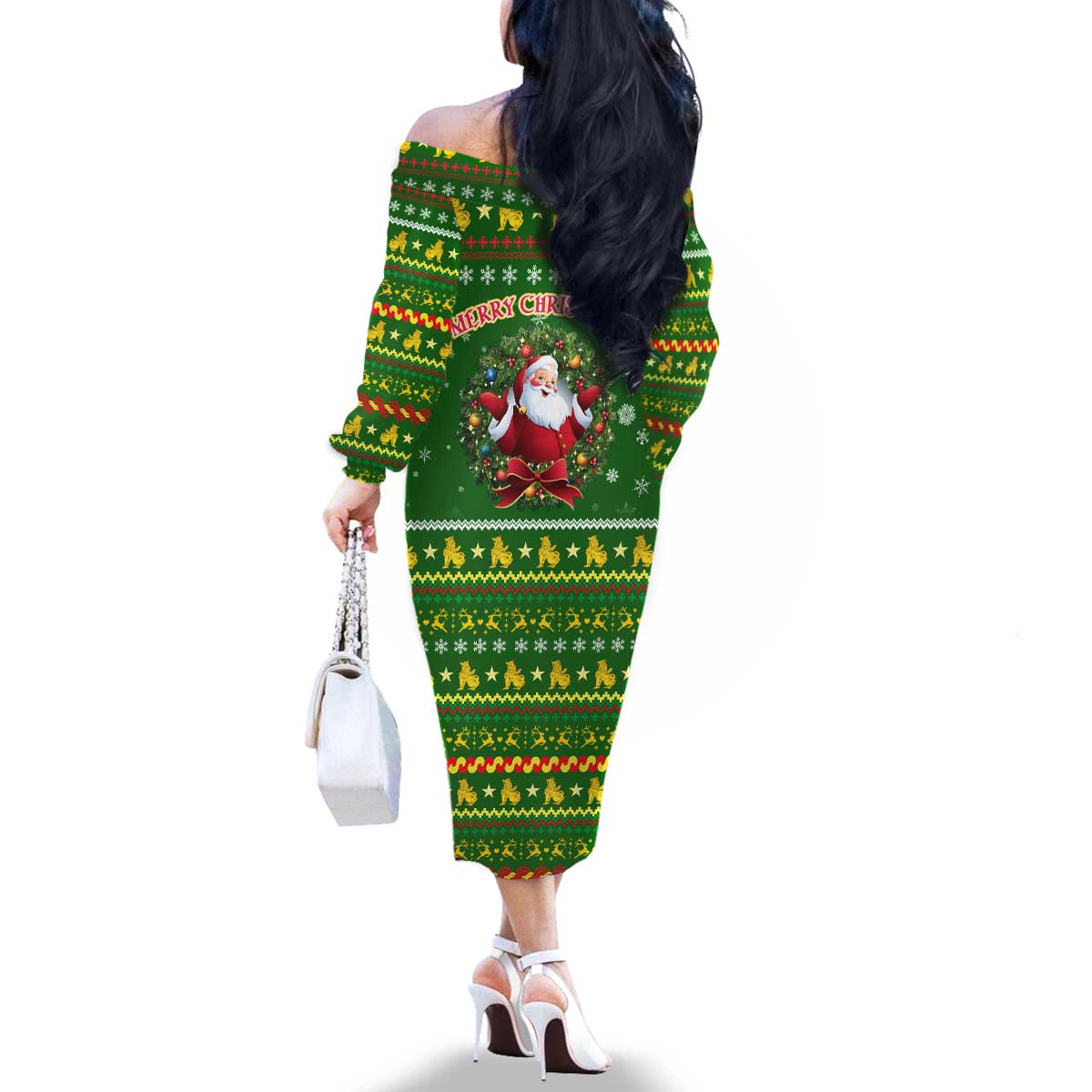Myanmar Christmas Family Matching Off The Shoulder Long Sleeve Dress and Hawaiian Shirt with Green-Gold Theme, Chinthe Lion, and Santa Motif - Wonder Print Shop