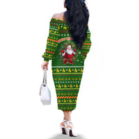 Myanmar Christmas Family Matching Off The Shoulder Long Sleeve Dress and Hawaiian Shirt with Green-Gold Theme, Chinthe Lion, and Santa Motif - Wonder Print Shop