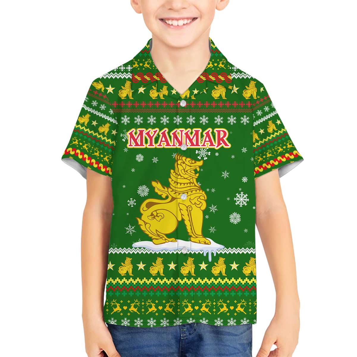 Myanmar Christmas Family Matching Off The Shoulder Long Sleeve Dress and Hawaiian Shirt with Green-Gold Theme, Chinthe Lion, and Santa Motif - Wonder Print Shop