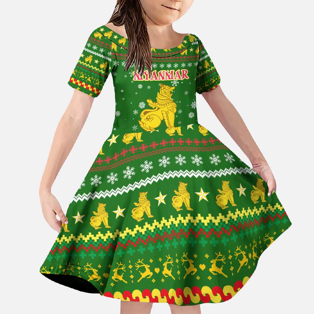 Myanmar Christmas Family Matching Off Shoulder Maxi Dress and Hawaiian Shirt with Green-Gold Theme, Chinthe Lion, and Santa Motif - Wonder Print Shop