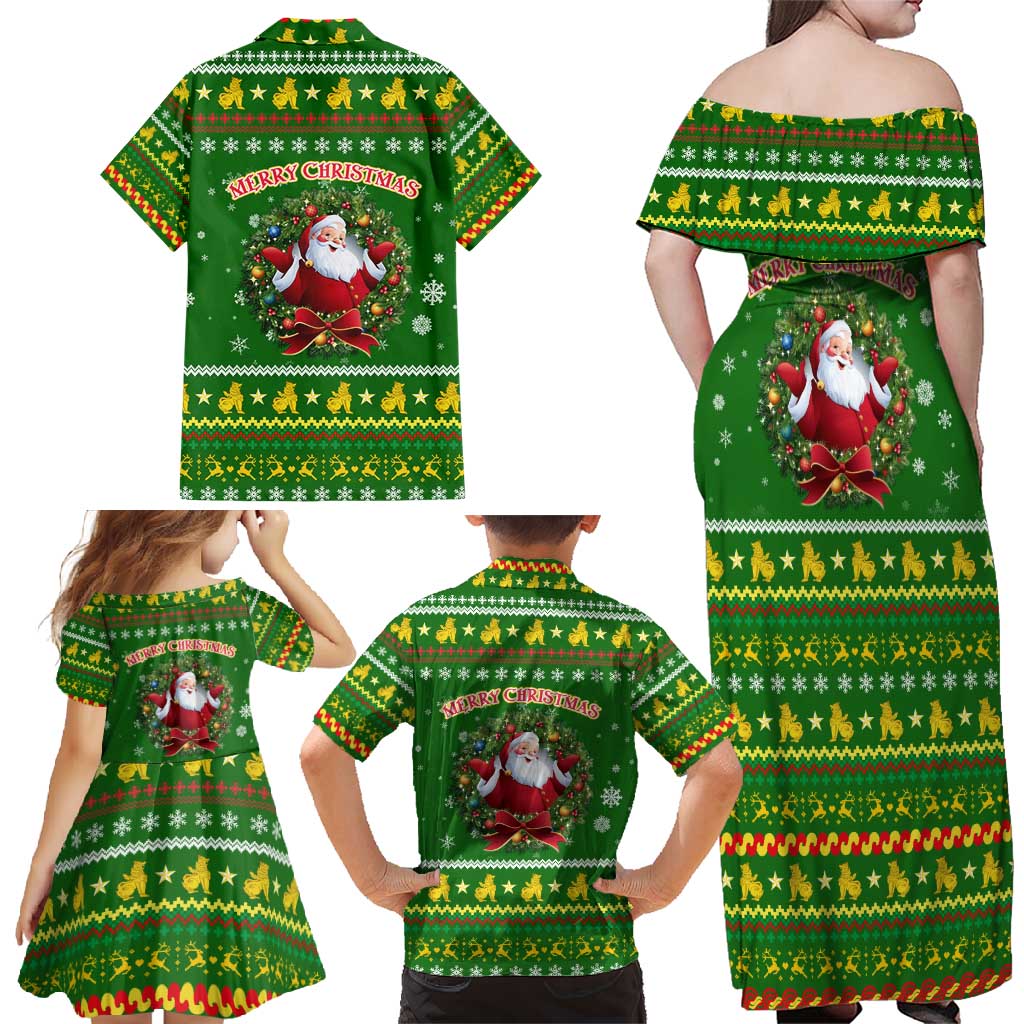 Myanmar Christmas Family Matching Off Shoulder Maxi Dress and Hawaiian Shirt with Green-Gold Theme, Chinthe Lion, and Santa Motif - Wonder Print Shop