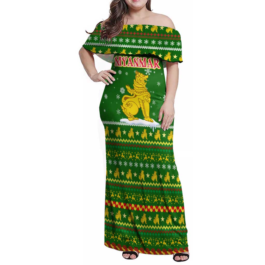 Myanmar Christmas Family Matching Off Shoulder Maxi Dress and Hawaiian Shirt with Green-Gold Theme, Chinthe Lion, and Santa Motif - Wonder Print Shop