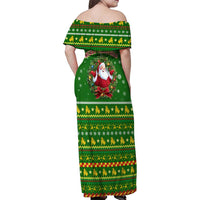 Myanmar Christmas Family Matching Off Shoulder Maxi Dress and Hawaiian Shirt with Green-Gold Theme, Chinthe Lion, and Santa Motif - Wonder Print Shop