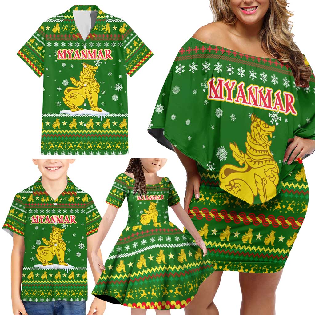 Myanmar Christmas Family Matching Off Shoulder Short Dress and Hawaiian Shirt with Green-Gold Theme, Chinthe Lion, and Santa Motif - Wonder Print Shop