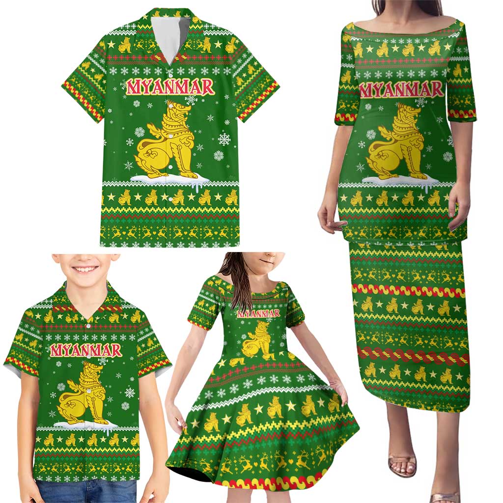 Myanmar Christmas Family Matching Puletasi and Hawaiian Shirt with Green-Gold Theme, Chinthe Lion, and Santa Motif - Wonder Print Shop
