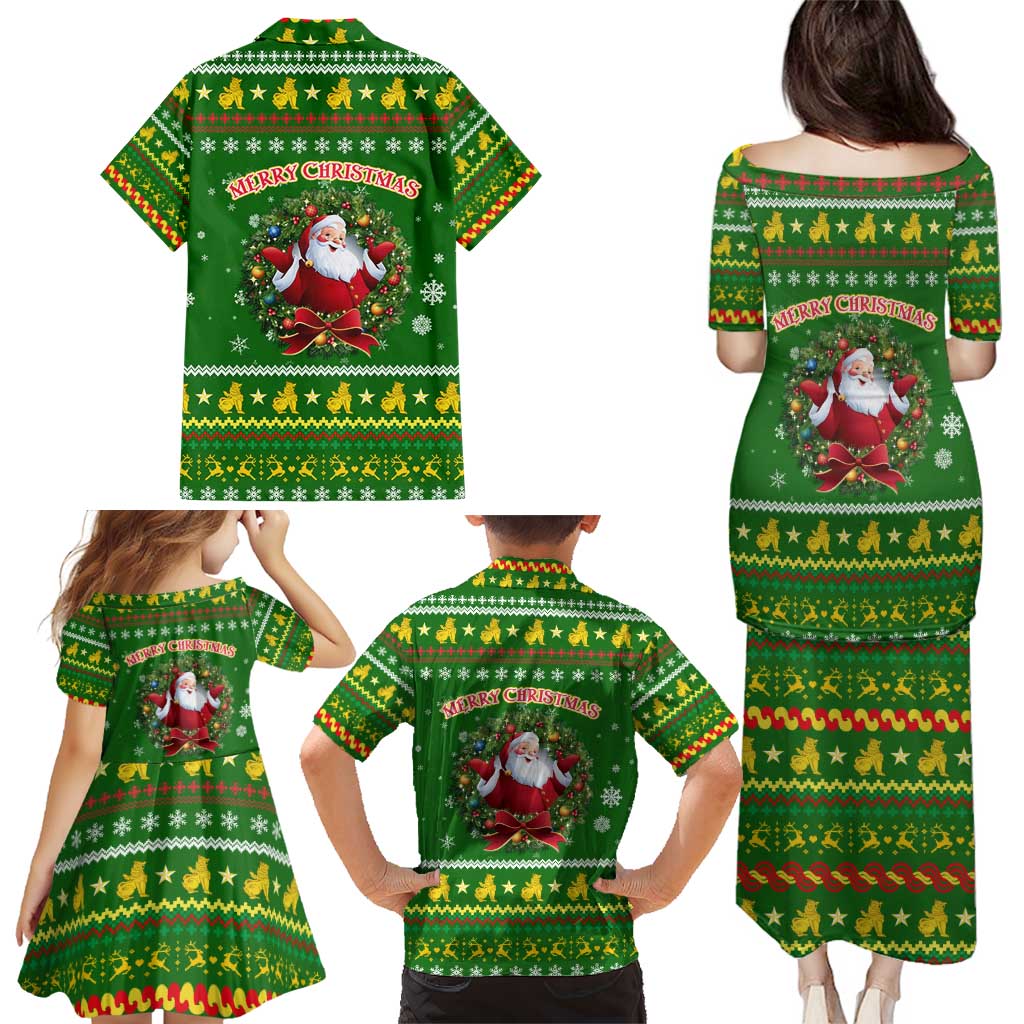 Myanmar Christmas Family Matching Puletasi and Hawaiian Shirt with Green-Gold Theme, Chinthe Lion, and Santa Motif - Wonder Print Shop