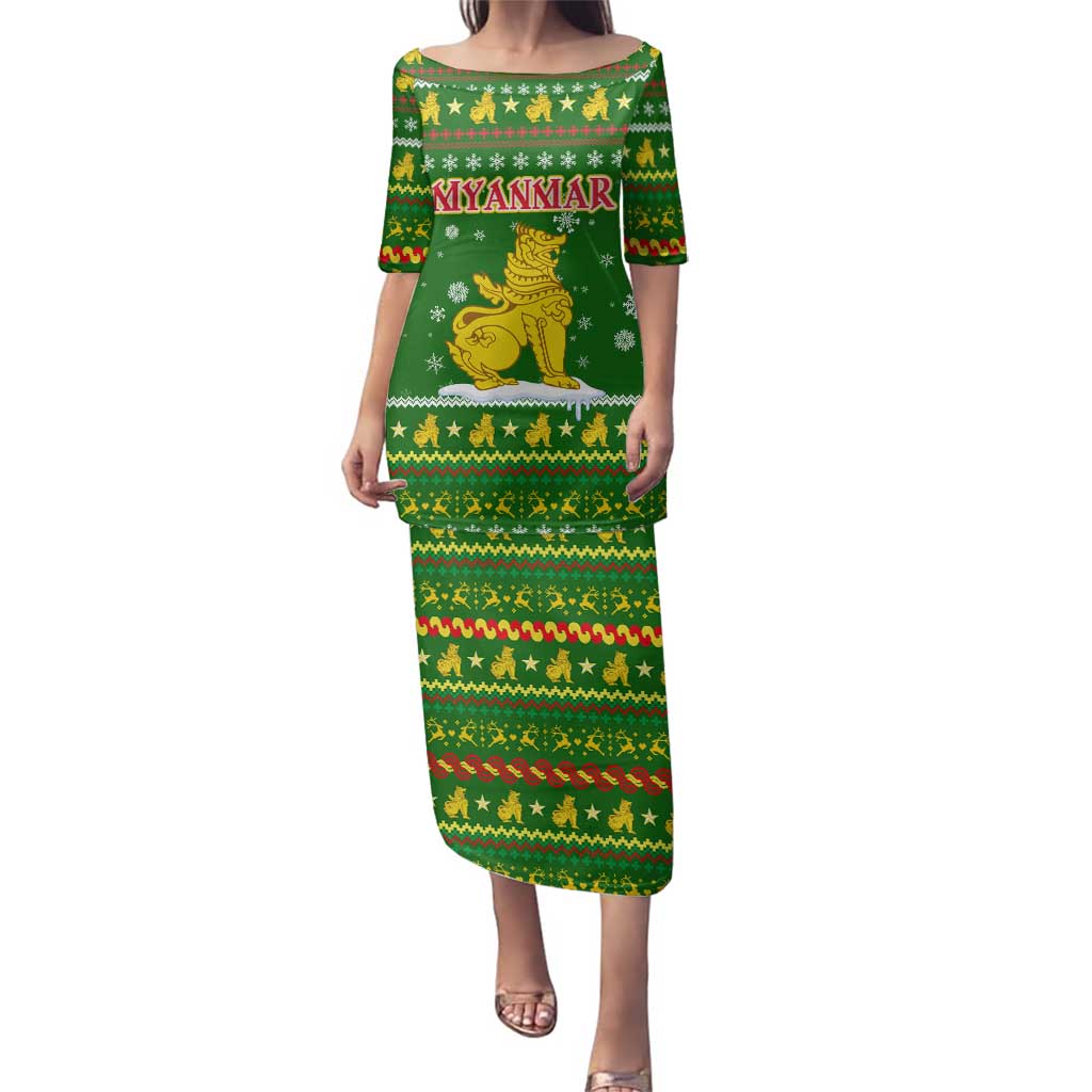 Myanmar Christmas Family Matching Puletasi and Hawaiian Shirt with Green-Gold Theme, Chinthe Lion, and Santa Motif - Wonder Print Shop