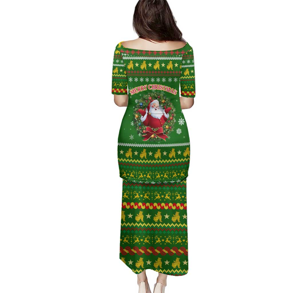 Myanmar Christmas Family Matching Puletasi and Hawaiian Shirt with Green-Gold Theme, Chinthe Lion, and Santa Motif - Wonder Print Shop
