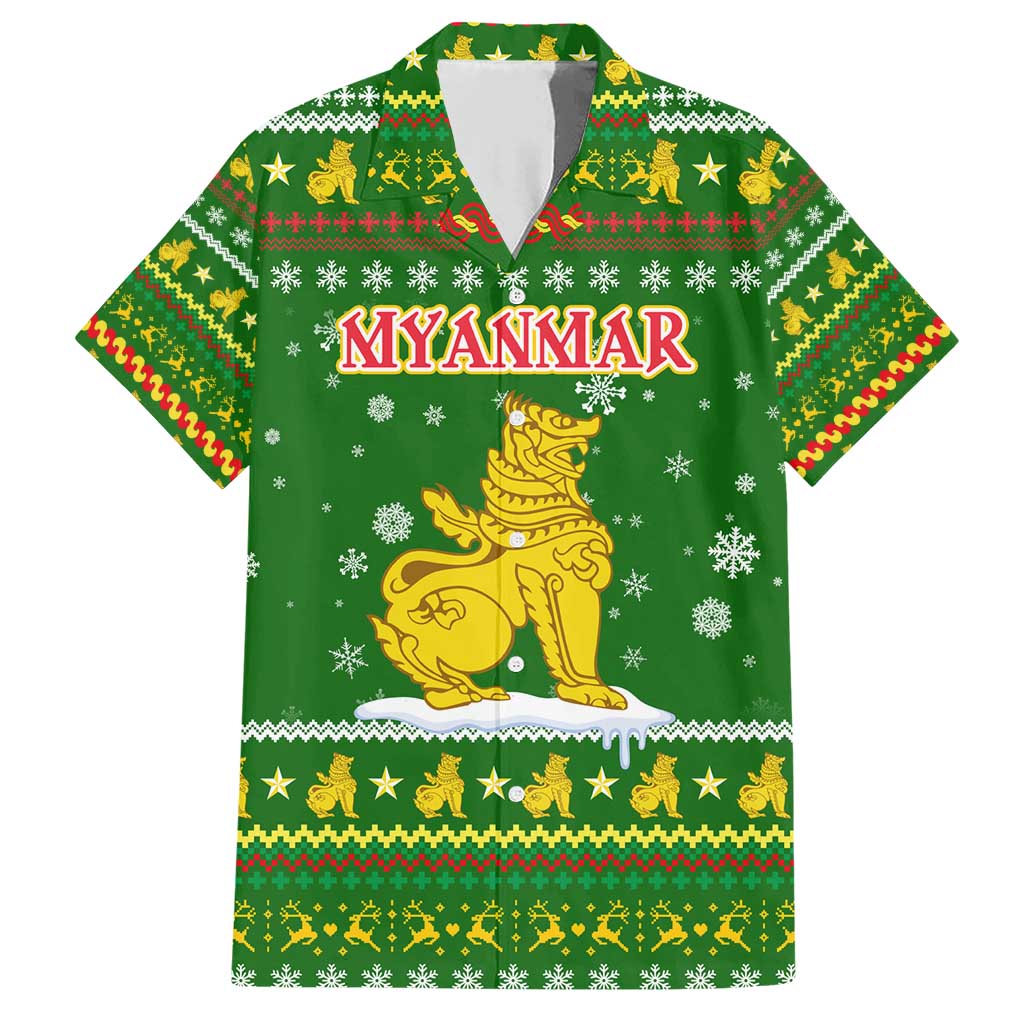 Myanmar Christmas Family Matching Short Sleeve Bodycon Dress and Hawaiian Shirt with Green-Gold Theme, Chinthe Lion, and Santa Motif - Wonder Print Shop