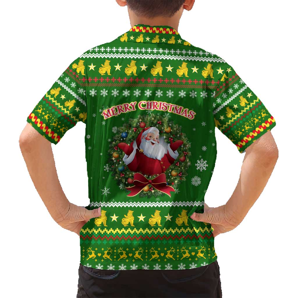 Myanmar Christmas Family Matching Summer Maxi Dress and Hawaiian Shirt with Green-Gold Theme, Chinthe Lion, and Santa Motif - Wonder Print Shop