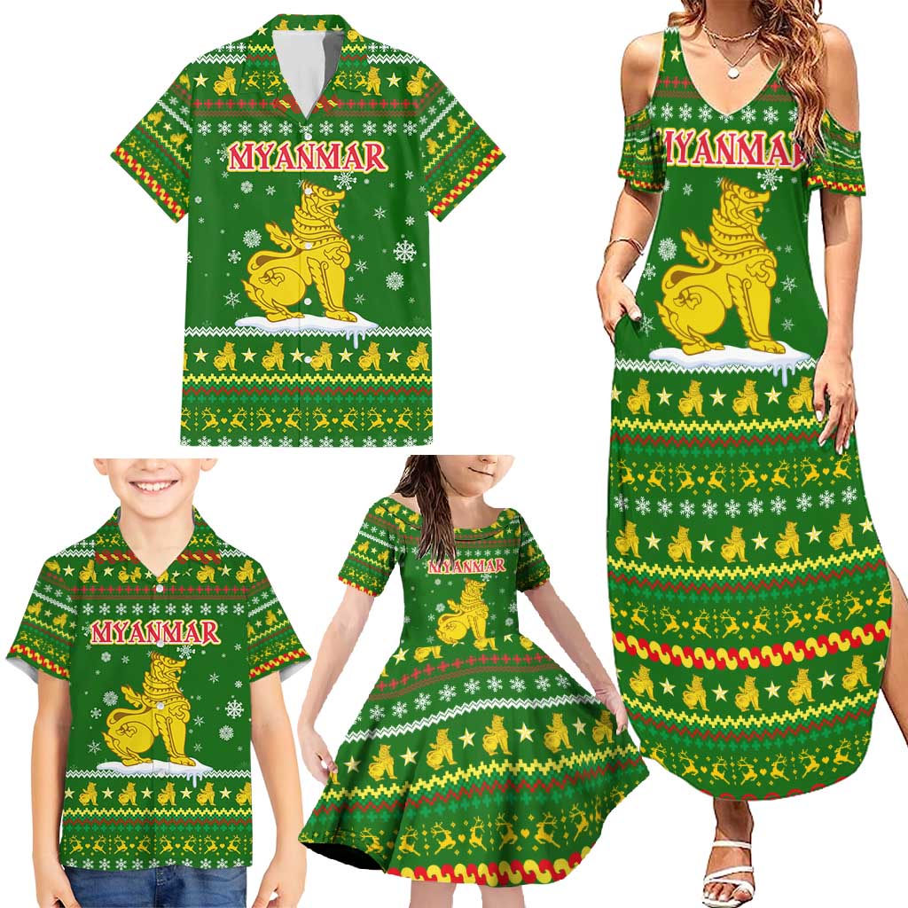 Myanmar Christmas Family Matching Summer Maxi Dress and Hawaiian Shirt with Green-Gold Theme, Chinthe Lion, and Santa Motif - Wonder Print Shop