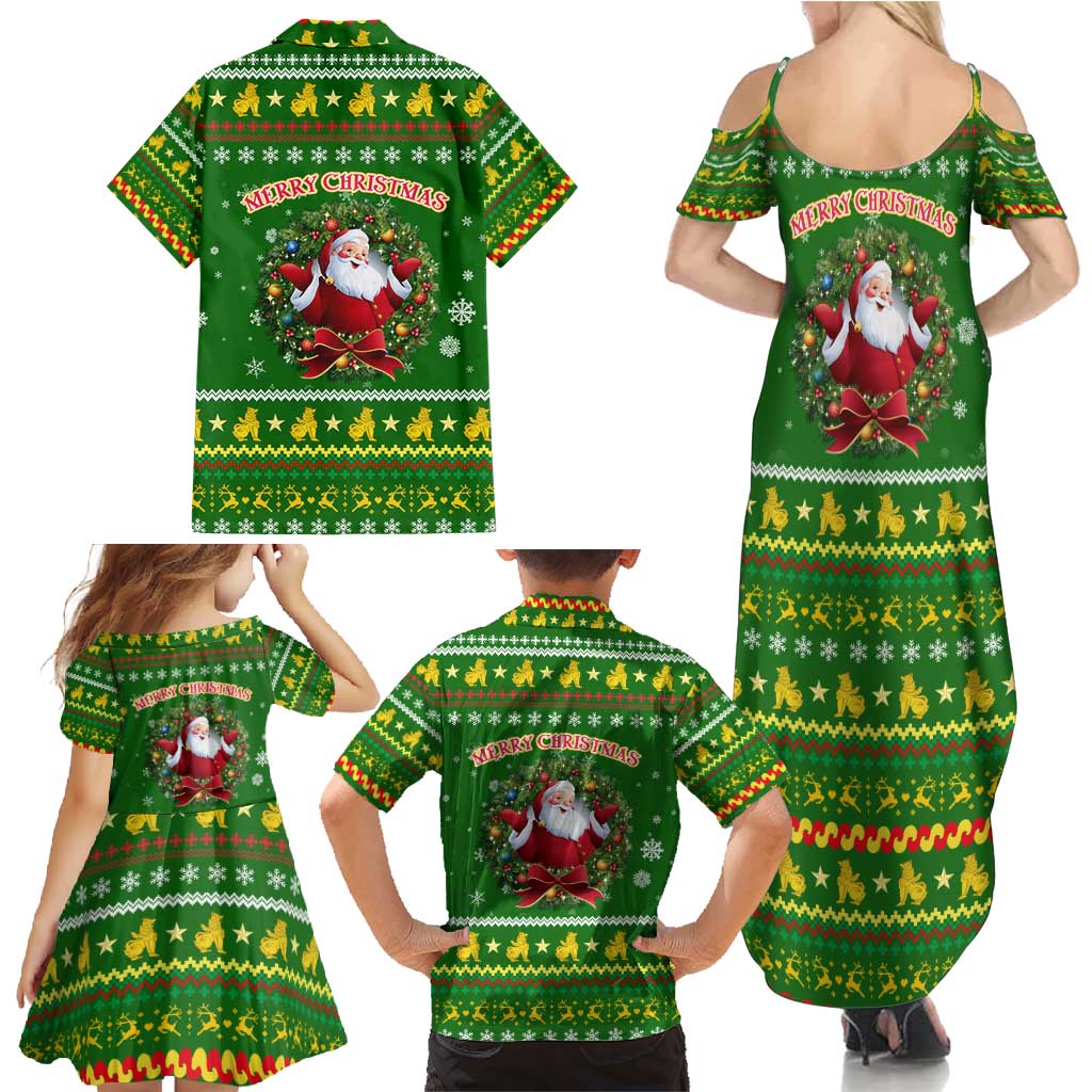 Myanmar Christmas Family Matching Summer Maxi Dress and Hawaiian Shirt with Green-Gold Theme, Chinthe Lion, and Santa Motif - Wonder Print Shop