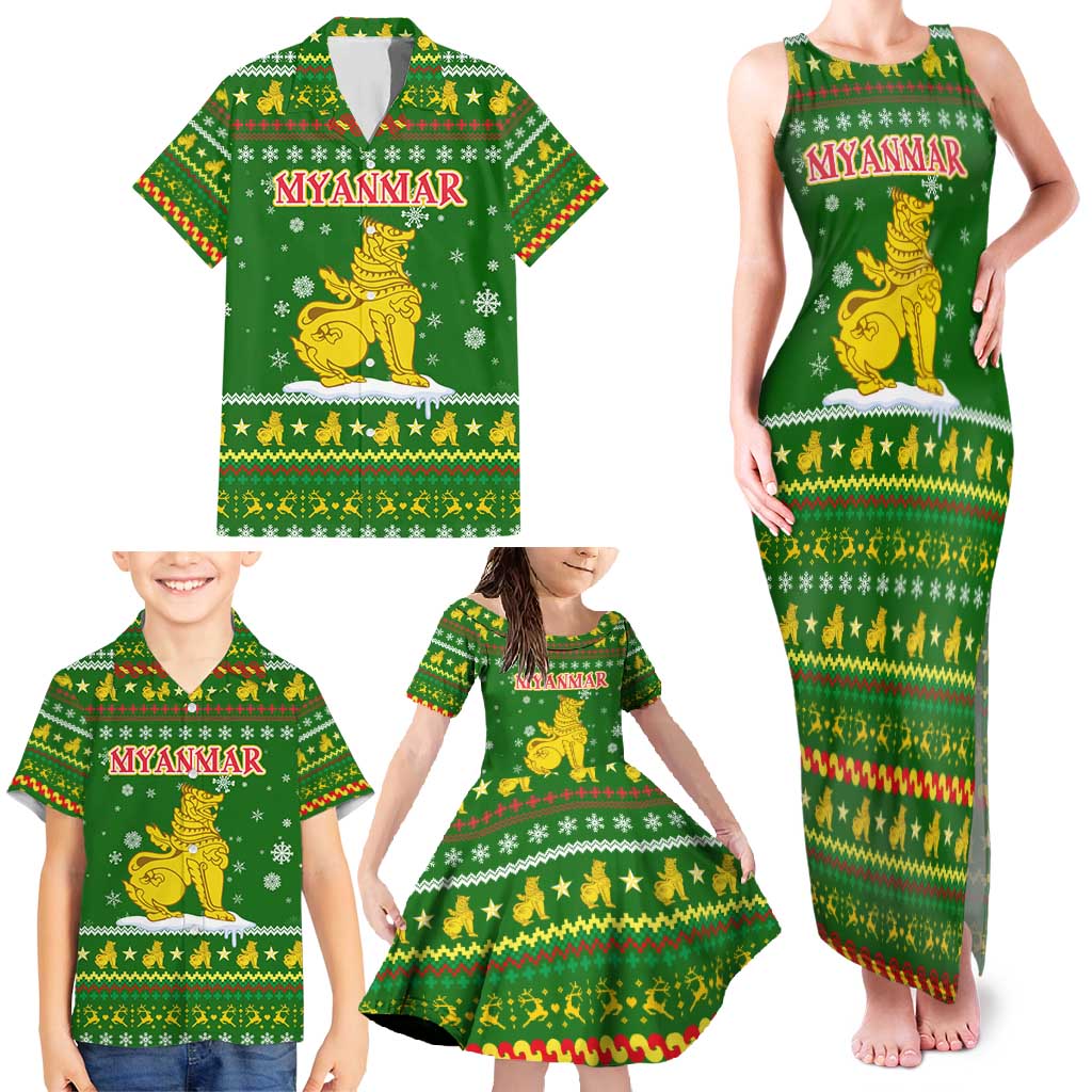 Myanmar Christmas Family Matching Tank Maxi Dress and Hawaiian Shirt with Green-Gold Theme, Chinthe Lion, and Santa Motif - Wonder Print Shop