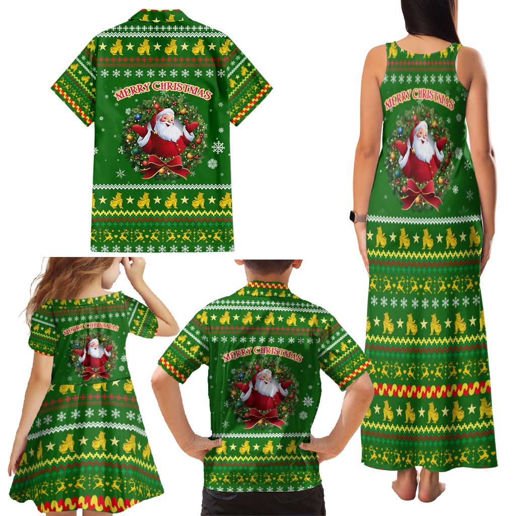 Myanmar Christmas Family Matching Tank Maxi Dress and Hawaiian Shirt with Green-Gold Theme, Chinthe Lion, and Santa Motif - Wonder Print Shop