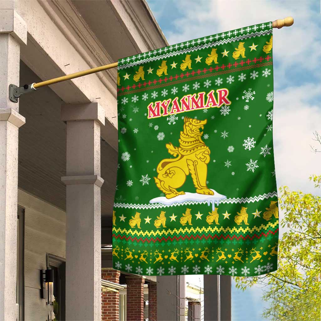 Myanmar Christmas Garden Flag with Green-Gold Theme, Chinthe Lion, and Santa Motif - Wonder Print Shop